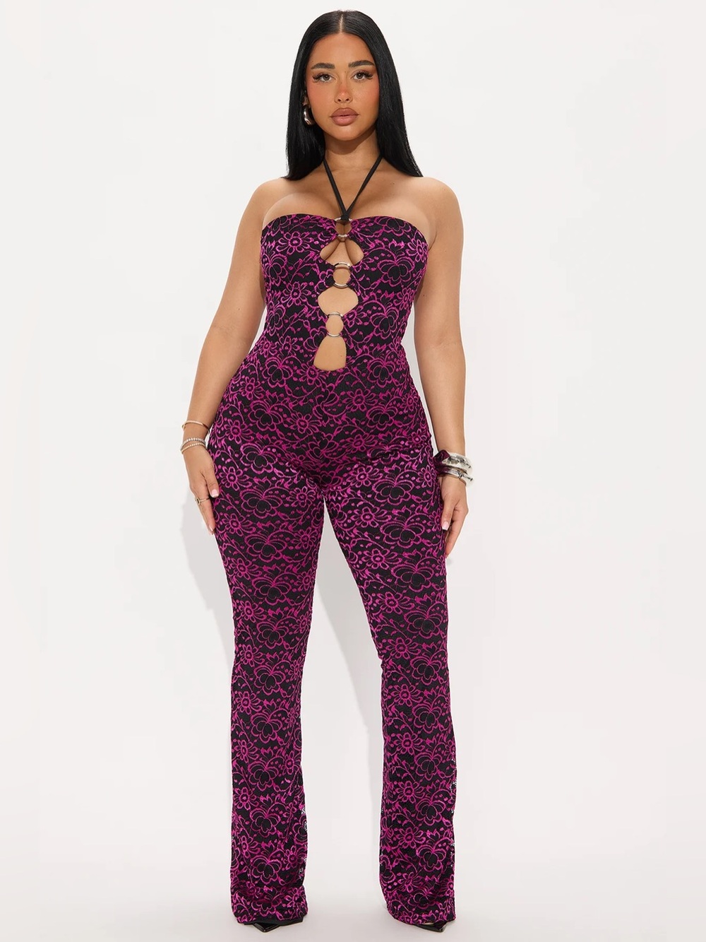 Fashion Nova Strapless Purple & Black Floral Ring-Front Jumpsuit